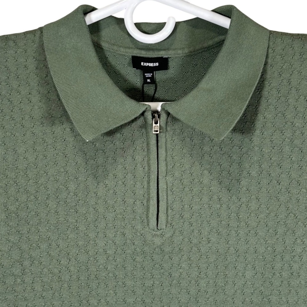 Express Mens XL Green Textured Knit Quarter Zip Short Sleeve Polo Shirt New
